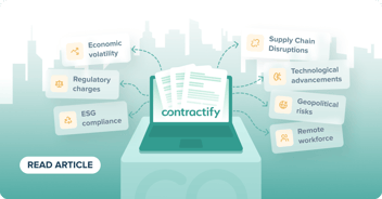 Illustration showing contract management at the centre of business uncertainty, with contracts connected to economic volatility, regulatory changes, ESG compliance, supply chain disruptions, technology, geopolitical risks and remote work.