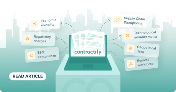 Illustration showing contract management at the centre of business uncertainty, with contracts connected to economic volatility, regulatory changes, ESG compliance, supply chain disruptions, technology, geopolitical risks and remote work.